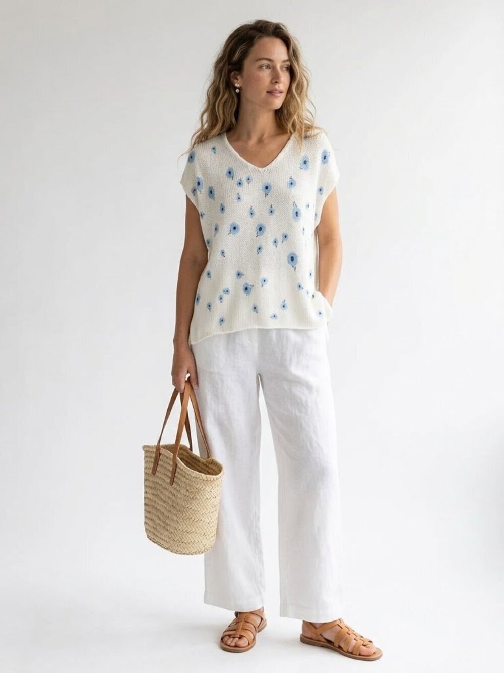Wooden Ships Floral Open Knit Sweater XS/S Cotton Blend
